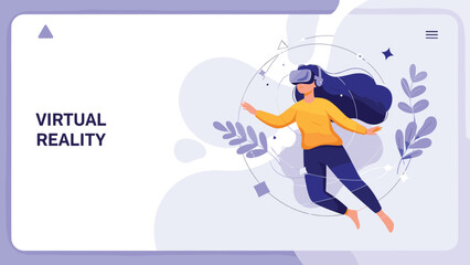 Virtual reality landing page template shows a woman wearing a VR headset floating in an abstract digital world with leaves.