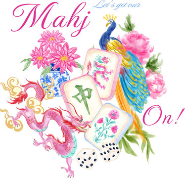 Let's get our mahj on, Watercolor Mahjong Illustrations, Mahjong party,  Bird Bam, Mahjong tiles,Chinoiserie illustration