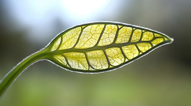 A vibrant and healthy plant leaf tissue, captured in a detailed microscopic view, beautifully showcasing its intricate vein network against a soft, natural background.