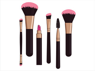 Set of makeup brushes and lipstick arranged together beautifully