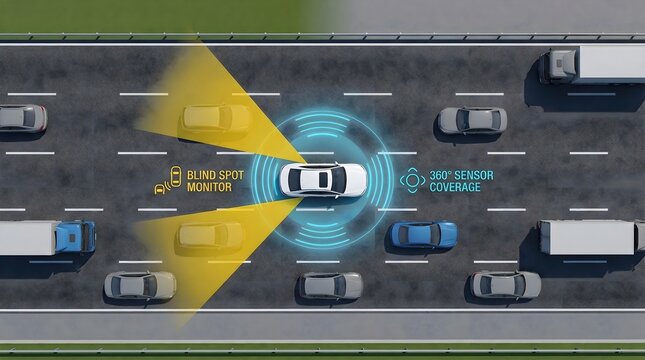 Self-Driving Car Blind Spot Monitor & 360-Degree Sensor Coverage. Overhead view of ADAS technology for future smart vehicle safety on a multi-lane highway with traffic.