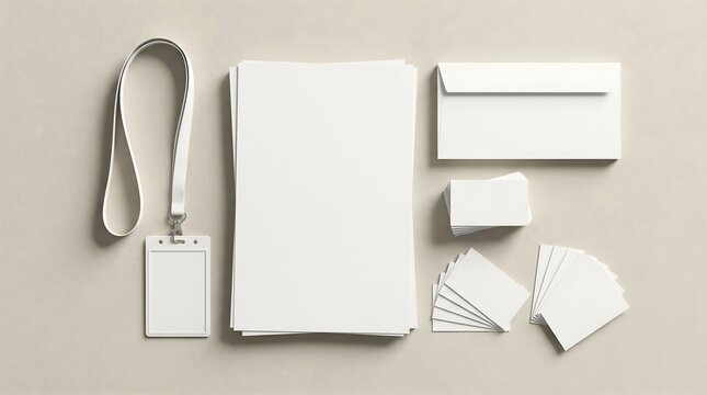 Blank White Branding Stationery Mockup Set. Corporate Identity Template with Letterhead, Business Cards, Envelope, and Lanyard on a Neutral Background.