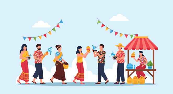 Thai Songkran Water Festival Celebration. Happy people splashing water during the New Year holiday in traditional and floral clothing.