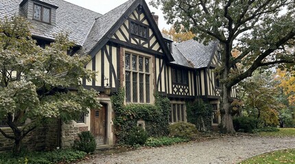 Tudor style house exterior, steeply pitched roof, decorative half timber framing