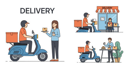 Naklejka premium Scooter Delivery Service Vector Set: Courier Delivering Food, Packages, and E-commerce Orders. Modern logistics and shipping line art illustration.
