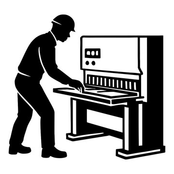 Illustration of worker operating a large industrial paper cutting machine in silhouette