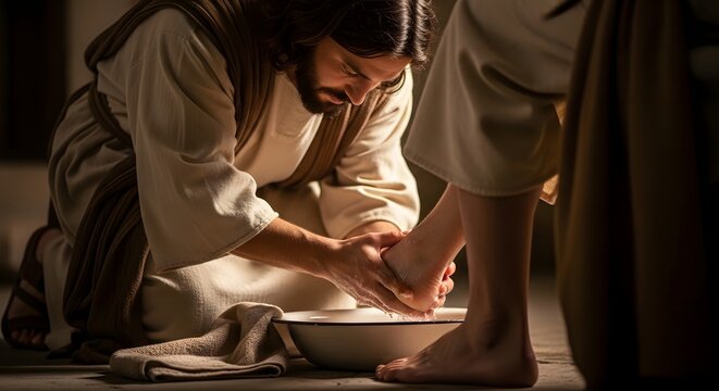 Jesus Christ humbly washing the feet of a disciple, demonstrating an act of service and spiritual devotion in a dimly lit setting.