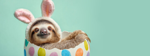 Fototapeta premium Happy Easter concept, holiday greeting card long banner panorama, funny animal - Cute sloth with Easter bunny ears and easter egg, isolated on turquoise background