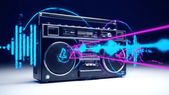 Retro Boombox with Neon Sound Waves and Equalizer Graphics.