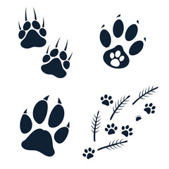 Fototapeta premium Diverse animal tracks and paw prints in a natural setting with foliage. Vector
