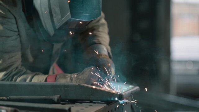 Welding of steels with Mig welding. Close up of hands. Slow motion.