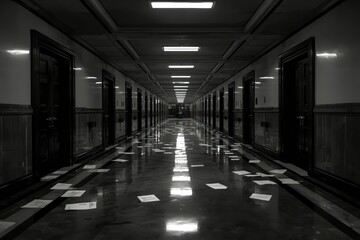 Fototapeta premium A long hallway with a lot of paper on the floor