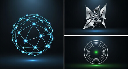 Abstract futuristic digital sphere and geometric shapes. © Boti