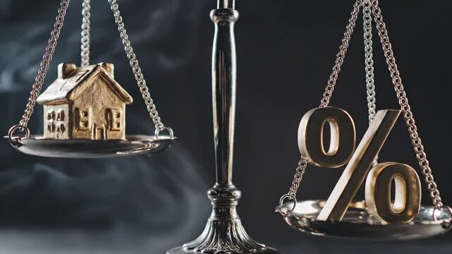 Elegant metallic silver balance scale weighing a miniature residential house model against a 3D percentage symbol representing mortgage rates, real estate valuation, and property interest.