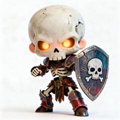 skeleton guard, cracked shield with skull symbol, defensive stance, glowing eyes