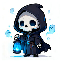 skeleton soul collector, dark hooded robe, holding lantern with blue ghost flame