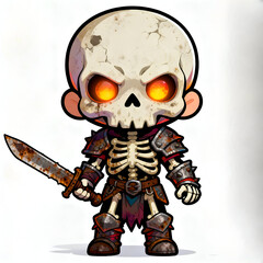 skeleton warrior, rusted sword, glowing eye sockets, tiny armored bones, spooky but cute