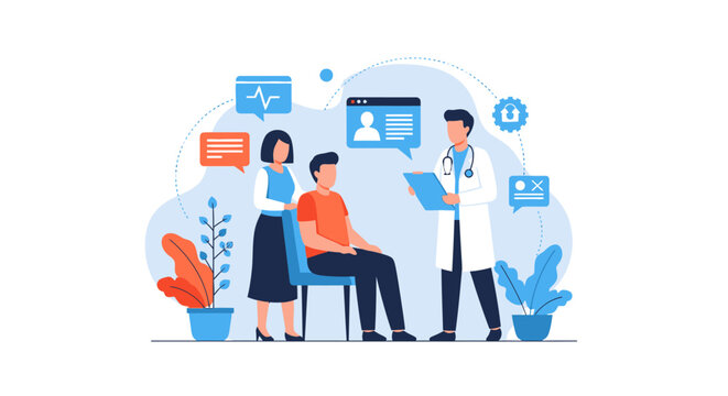 Doctor Consultation with Patient and Family Member. Healthcare Dialogue, Medical Diagnosis Discussion, and Digital Health Records Flat Illustration.