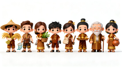 male and female villagers, different occupations and outfits, traditional Thai clothing, earth tone fabrics with subtle gold details, simple but authentic Thai patterns, warm and friendly expressions