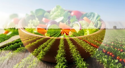 Vibrant salad ingredients with flourishing agricultural field fusion imagery