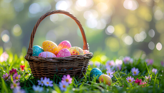 Wicker Basket Full of Colorful Easter Eggs 1.