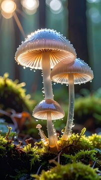 A close-up of two mushrooms on mossy ground (1)