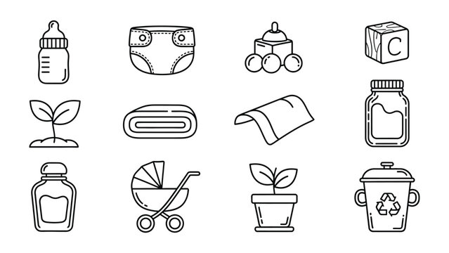 Baby Care Icons: A collection of simple, yet elegant outline icons represents the essentials for infant care and nurturing, evoking themes of life's beginnings and maternal bond.