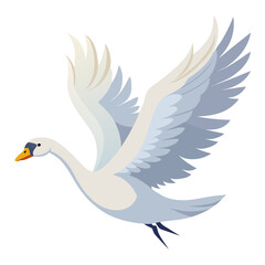 Obraz premium Cute cartoon white swan flying with spread wings, vector illustration isolated on white background. Elegant bird mascot for logos, stickers, icons, posters and educational design.