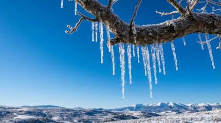 Naklejka premium Glistening Icicles Hanging From Tree Branch in Winter