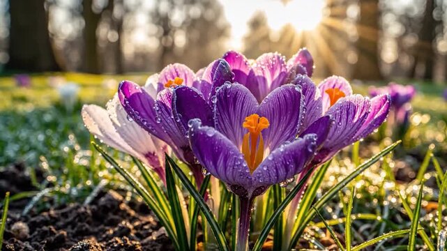 Vibrant purple and white crocus flowers bloom with dew drops in a sunny spring