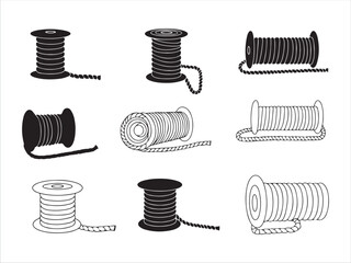 Various types of rope and cable spools illustrated in black and white line art