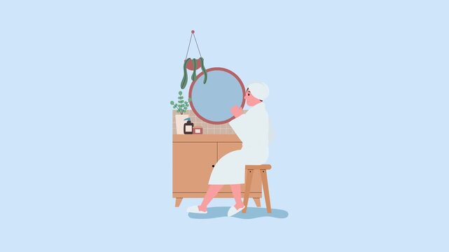Woman doing skincare at vanity table flat vector animation