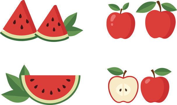 Fresh watermelon slices and red apple fruit vector set with colorful flat cartoon food illustrations