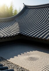 Zen garden detail with meticulously raked sand and tiled roof structure