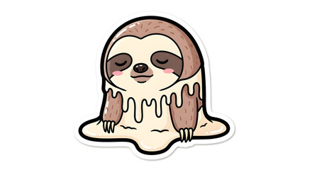 Fototapeta premium A cartoon sloth melting into a puddle of honey, relaxing in a calm environment from a front viewpoint