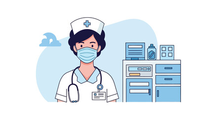 Female Nurse Wearing Face Mask and Stethoscope in Hospital Setting. Flat Vector Illustration.