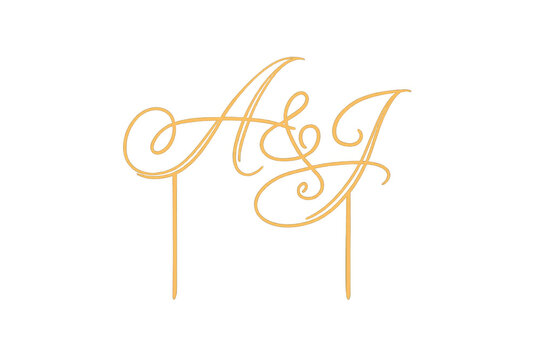 Gold script initials a and j cake topper