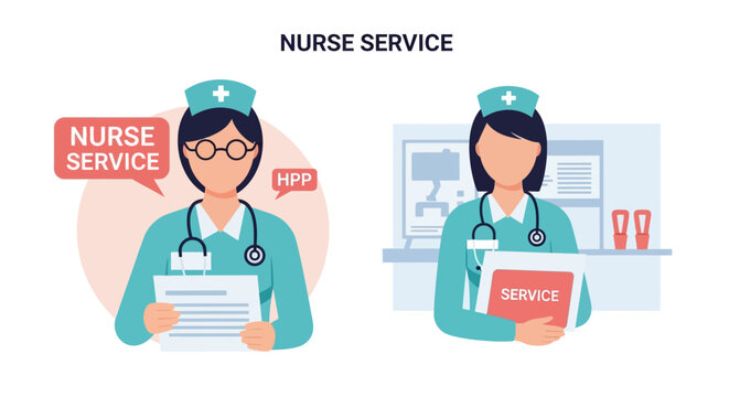 Professional Nurse Service Vector Illustration. Female Healthcare Staff Holding Medical Records for Consultation, Hospital Patient Care, and Telemedicine Concepts.