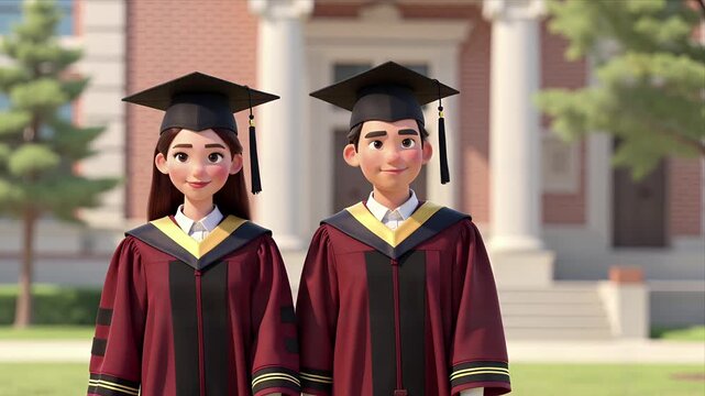 Cheerful Animated Graduate Couple Smiling Outdoors In Academic Gowns And Caps During Daytime Graduation Celebration Scene Rendered In 3d