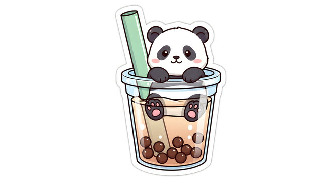 Adorable panda enjoying bubble tea from a cup with a straw and bobba pearls, cartoon illustration, close-up view