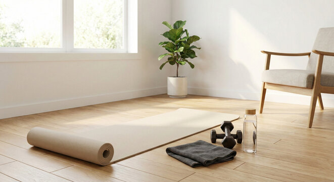 Home fitness equipment on wooden floor near window with copy space, yoga mat dumbbells water bottle, natural light