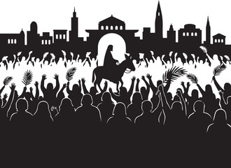 Obraz premium Entry into jerusalem silhouette vector illustration line art palm sunday religious scene crowd
