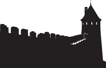 Fototapeta premium Historical castle wall with stone tower architecture silhouette vector illustration art
