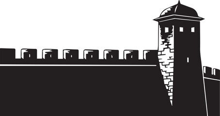 Medieval stone fortress rampart and watchtower silhouette vector illustration line art design © Mst Raosonara