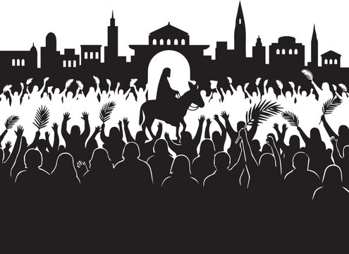 Entry into jerusalem silhouette vector illustration line art palm sunday religious scene crowd