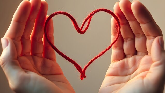 Hands gently cradling a heart shape made of red string against a soft background.