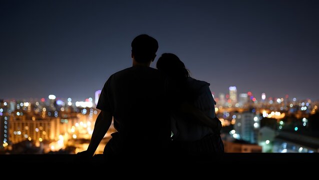 Couple enjoying a serene nighttime cityscape together from a high vantage point