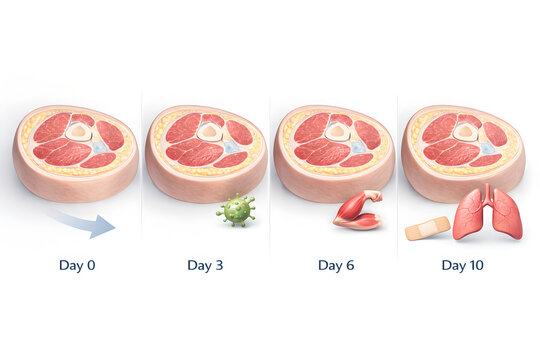 Photorealistic 3D medical: Muscle loss is associated with poor clinical outcomes: left panel shows clean line chart of muscle cross-sectional area decreasing over 10 days with highlighted ~20% decline