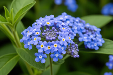 Close-up Macro of Indian Heliotrope (Heliotropium indicum) Showcasing Vibrant Blue Petals, Yellow Core, and Lush Green Foliage evoking eye bright clarity and natural serenity