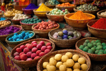 A vibrant display of colorful powders and balls in wicker baskets at a market